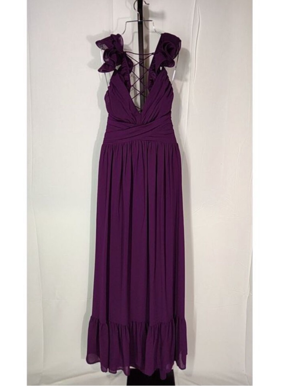 Lulus Women Soiree Celebration Ruffled Lace-Up Maxi Dress Purple Large - Picture 3 of 4